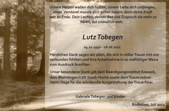Traueranzeige von Lutz Tobegen von Trauerkombi Dessau