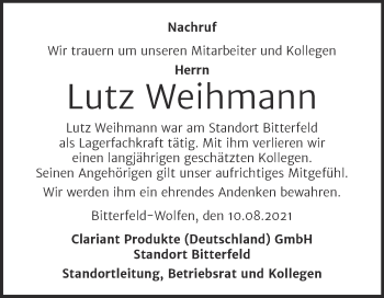 Traueranzeige von Lutz Weihmann von Wochenspiegel Bitterfeld