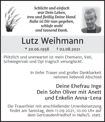 Traueranzeige von Lutz Weihmann von Trauerkombi Köthen