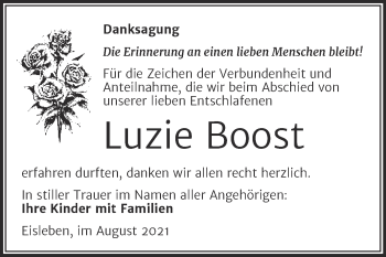 Traueranzeige von Luzie Boost von Trauerkombi Mansfelder Land