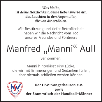Traueranzeige von Manfred Aull von Super Sonntag Sangerhausen
