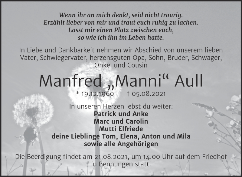  Traueranzeige für Manfred Aull vom 14.08.2021 aus Trauerkombi Sangerhausen