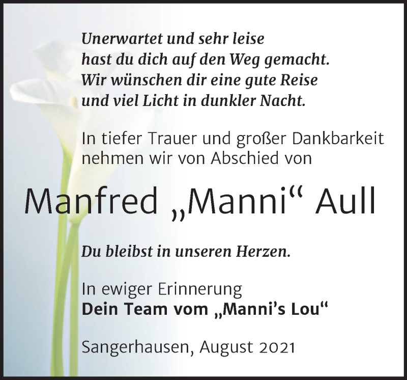  Traueranzeige für Manfred Aull vom 28.08.2021 aus Super Sonntag Sangerhausen