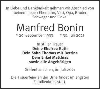 Traueranzeige von Manfred Bonin von Trauerkombi Wittenberg