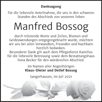 Traueranzeige von Manfred Bossog von Trauerkombi Sangerhausen