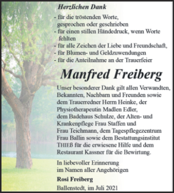Traueranzeige von Manfred Freiberg von Trauerkombi Quedlinburg