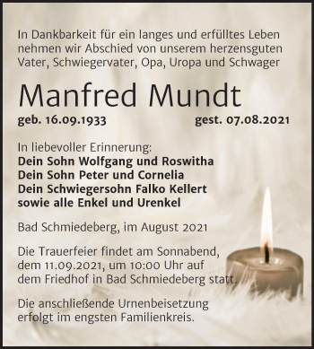 Traueranzeige von Manfred Mundt von Trauerkombi Wittenberg