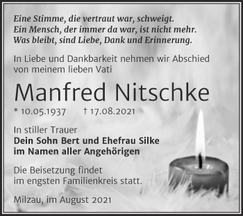 Traueranzeige von Manfred Nitschke von Trauerkombi Merseburg