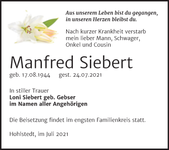 Traueranzeige von Manfred Siebert von Trauerkombi Sangerhausen