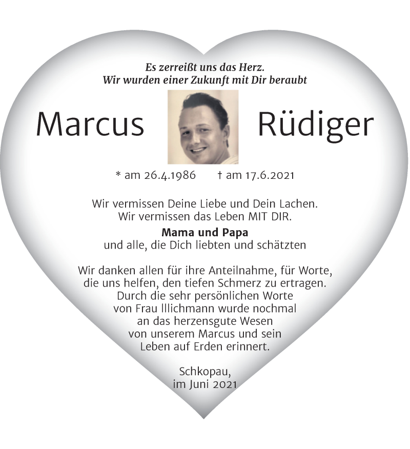  Traueranzeige für Marcus Rüdiger vom 31.07.2021 aus Trauerkombi Merseburg