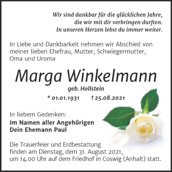 Traueranzeige von Marga Winkelmann von Trauerkombi Wittenberg