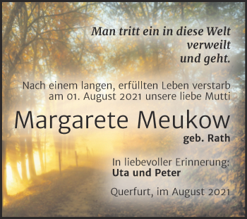 Traueranzeige von Margarete Meukow von Trauerkombi Merseburg