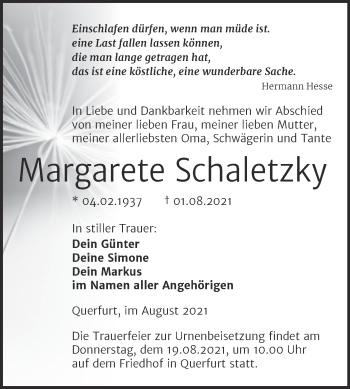 Traueranzeige von Margarete Schaletzky von Trauerkombi Merseburg