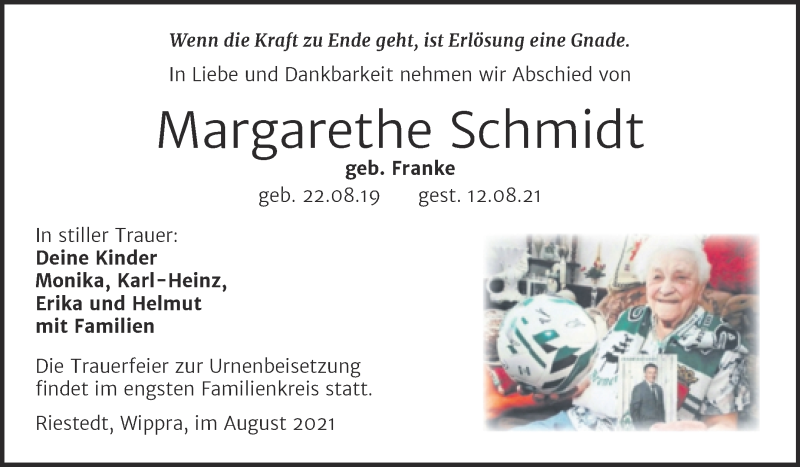  Traueranzeige für Margarethe Schmidt vom 21.08.2021 aus Trauerkombi Sangerhausen