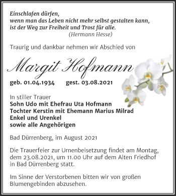Traueranzeige von Margit Hofmann von Trauerkombi Merseburg
