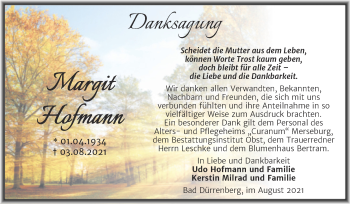 Traueranzeige von Margit Hofmann von Trauerkombi Merseburg
