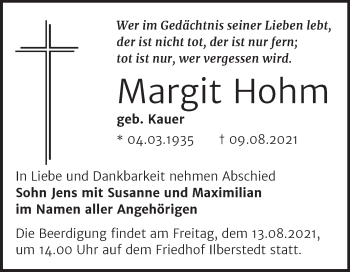 Traueranzeige von Margit Hohm von Trauerkombi Bernburg