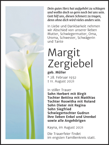 Traueranzeige von Margit Zergiebel von Trauerkombi Zeitz