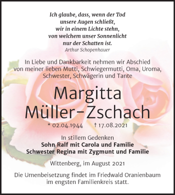 Traueranzeige von Margitta Müller-Zschach von Trauerkombi Wittenberg