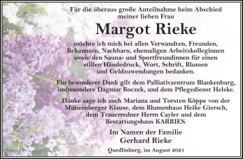 Traueranzeige von Margot Rieke von Trauerkombi Quedlinburg