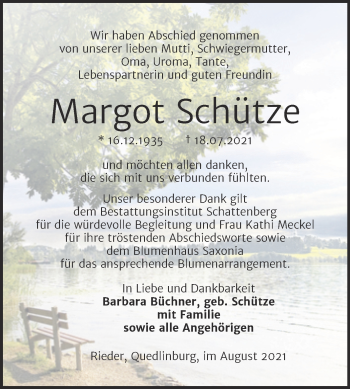 Traueranzeige von Margot Schütze von Trauerkombi Quedlinburg