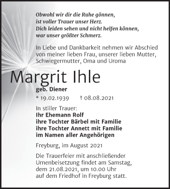 Traueranzeige von Margrit Ihle von Naumburger Tageblatt