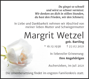 Traueranzeige von Margrit Wetzel von Trauerkombi Aschersleben