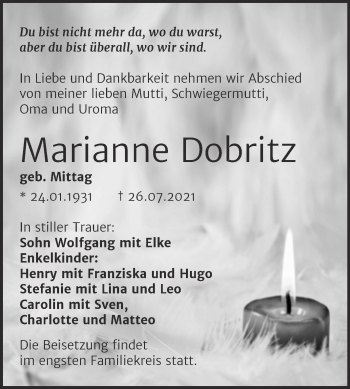 Traueranzeige von Marianne Dobritz von Trauerkombi Wittenberg
