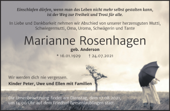 Traueranzeige von Marianne Rosenhagen von Trauerkombi Bernburg