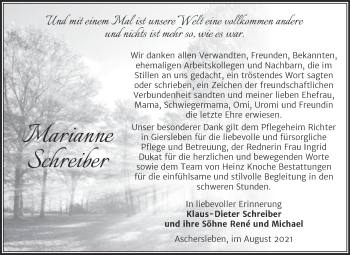 Traueranzeige von Marianne Schreiber von Trauerkombi Aschersleben