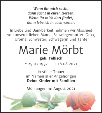 Traueranzeige von Marie Mörbt von Trauerkombi Wittenberg