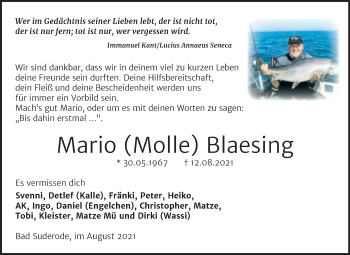 Traueranzeige von Mario Blaesing von Trauerkombi Quedlinburg