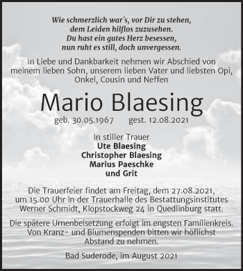 Traueranzeige von Mario Blaesing von Trauerkombi Quedlinburg