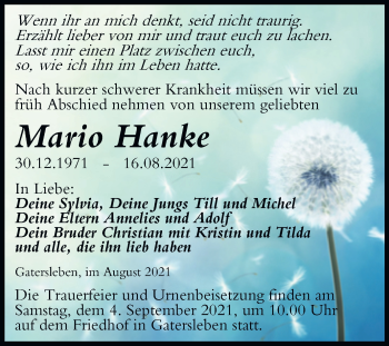 Traueranzeige von Mario Hanke von Trauerkombi Aschersleben