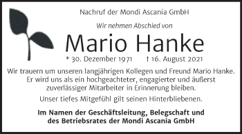 Traueranzeige von Mario Hanke von Wochenspiegel Aschersleben