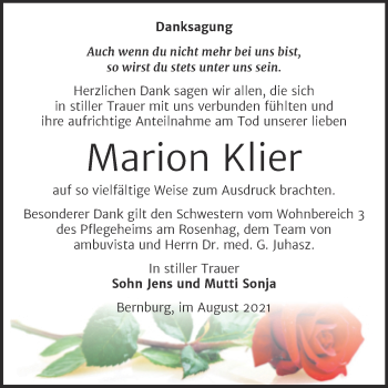 Traueranzeige von Marion Klier von Trauerkombi Bernburg