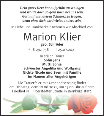 Traueranzeige von Marion Klier von Trauerkombi Bernburg
