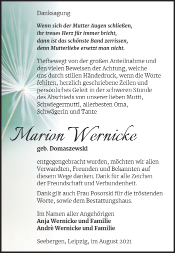 Traueranzeige von Marion Wernicke von Trauerkombi Sangerhausen