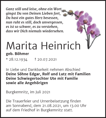 Traueranzeige von Marita Heinrich von Trauerkombi Bitterfeld