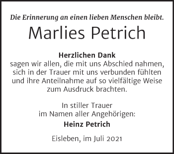 Traueranzeige von Marlies Petrich von Trauerkombi Mansfelder Land