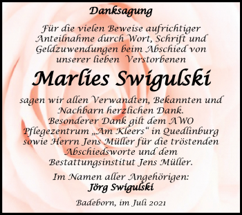 Traueranzeige von Marlies Swigulski von Trauerkombi Quedlinburg