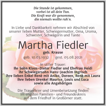 Traueranzeige von Martha Fiedler von Trauerkombi Mansfelder Land