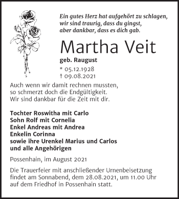 Traueranzeige von Martha Veit von Wochenspiegel Naumburg/Nebra