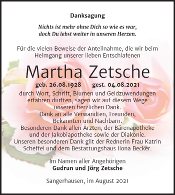 Traueranzeige von Martha Zetsche von Trauerkombi Sangerhausen