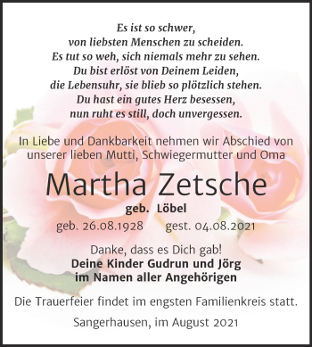 Traueranzeige von Martha Zetsche von Trauerkombi Sangerhausen