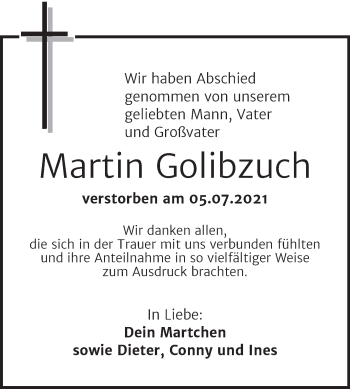 Traueranzeige von Martin Golibzuch von Trauerkombi Dessau