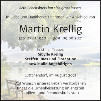Traueranzeige von Martin Krellig von Trauerkombi Mansfelder Land