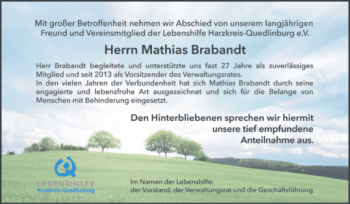 Traueranzeige von Mathias Brabandt von Super Sonntag Quedlingburg