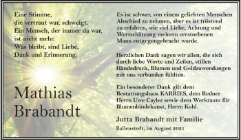 Traueranzeige von Mathias Brabandt von Trauerkombi Quedlinburg