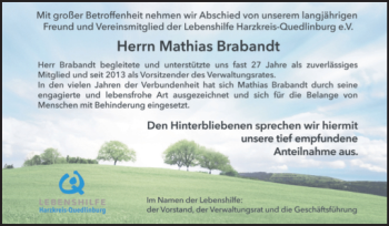 Traueranzeige von Mathias Brabandt von Mitteldeutsche Zeitung Quedlingburg